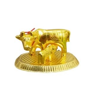 Vaishno Mata Metal Gold Finished Kamdhenu Cow with Calf Figurine Idol for Home Decorative Office Gifting Pooja Religious Items Showpiece Statue