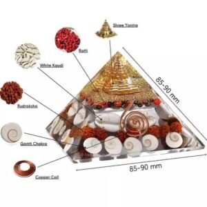 Vaishno Mata Gomti Chakra Pyramid – Large Orgonite Pyramid with Shree Yantra – Feng Shui Vastu Items for Home with Rudraksha, Gomati Chakra, Chirmi & Kaudi Shells (Wealth Pyramid)