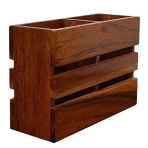Vaishno Mata 2 Compartment Wooden Cutlery Spoon Holder Multipurpose Kitchen Rack Organizer, 6 Inches-Brown