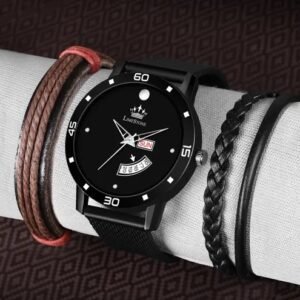 Vaishno Mata LIMESTONE WARLOCK BLACK MEN’S WATCH BRACELET STACK ( Day and Date Watch + 2 Bracelets Combo Pack) – Best Gift Item