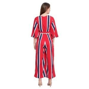 Vaishno Mata Women’s Fashionable Striped Design 3/4 Sleeves Flared Bottom Jumpsuit For Casual Wear