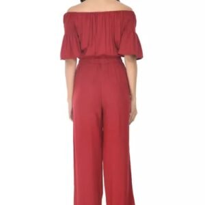 Vaishno Mata Women’s off shoulder Neck short Sleeve Solid Wide Leg Sequin Paneled Regular Length Jumpsuit Red Solid Basic Jumpsuit